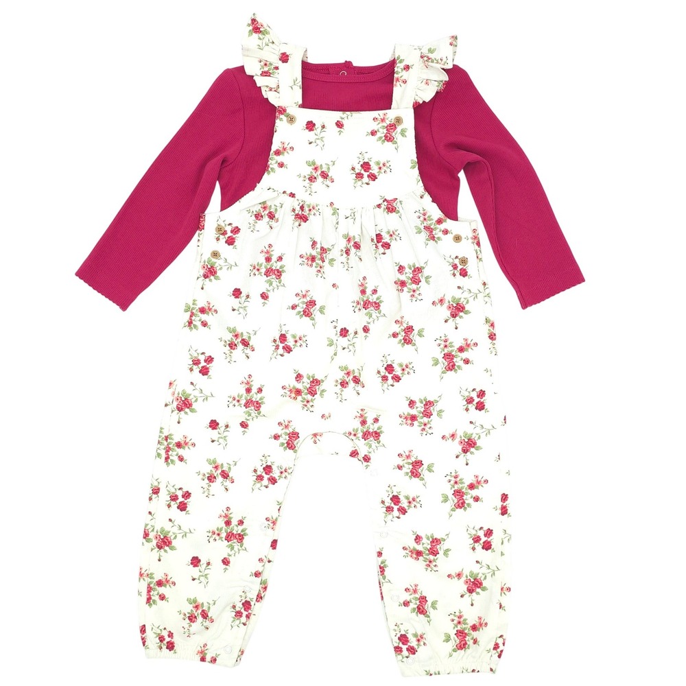 Little Me Floral Cream Overalls & Ribbed Maroon Top Set Toddler Girl Size 24 M